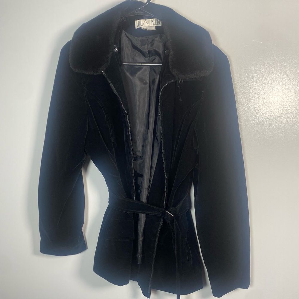 Y2K Vintage Elegant Black Velvet Trench Coat Fur Hood - Picture 2 of 5